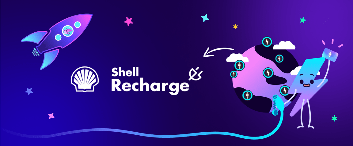 Illustration of a rocket, Shell Recharge logo, and a character charging a globe with electric icons on a purple background with stars.