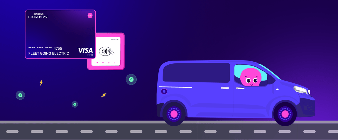 Illustration of a purple van with a pink octopus driver, next to a digital card reader and electric card on a dark background.