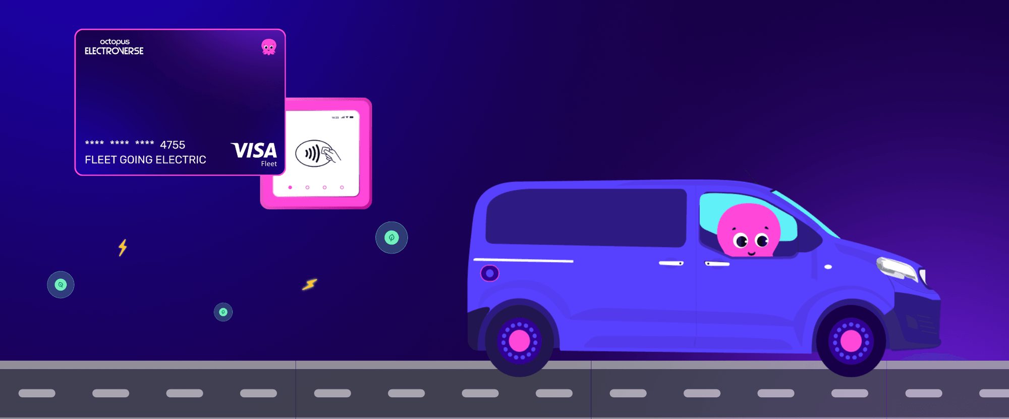 Illustration of a purple van with a pink octopus driver, next to a digital card reader and electric card on a dark background.