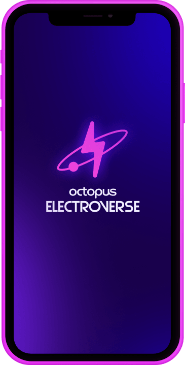 Smartphone con il logo "Octopus Electroverse" con un fulmine rosa stilizzato e l'icona di un pianeta su uno sfondo sfumato blu e viola.