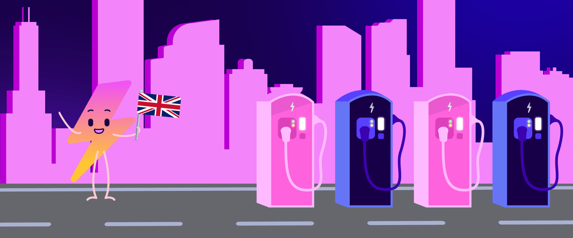 Cartoon lightning bolt character with a UK flag stands near colorful electric vehicle charging stations against a pink cityscape.