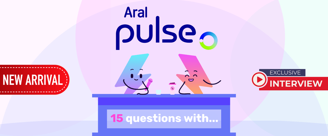 Bunte Grafik mit dem „Aral Pulse“-Logo, zwei animierten Figuren an einem Schreibtisch und den Texten „Neu eingetroffen“ und „Exklusivinterview“.