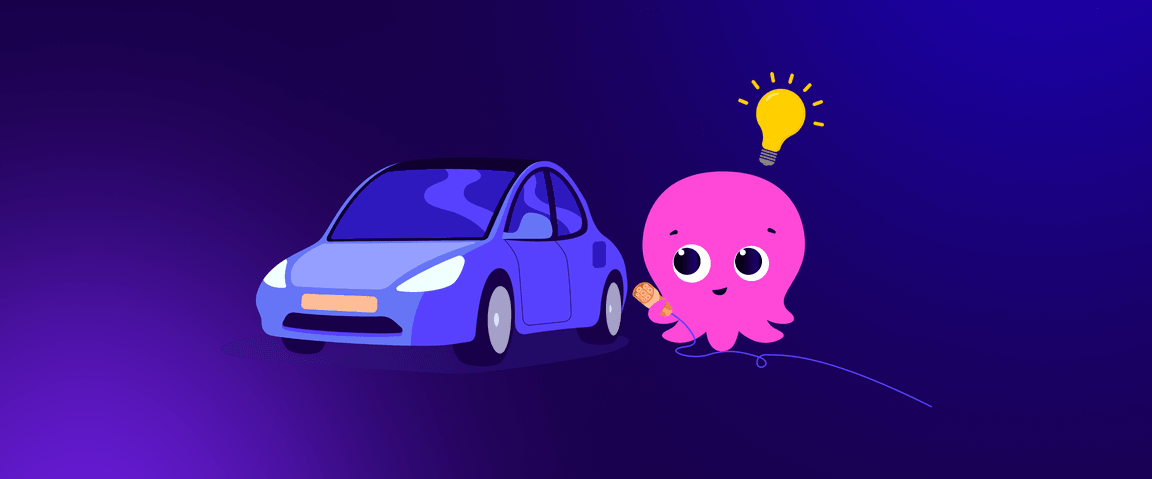 A pink cartoon octopus with a light bulb above its head holds a microphone next to a blue car on a blue and purple gradient background.