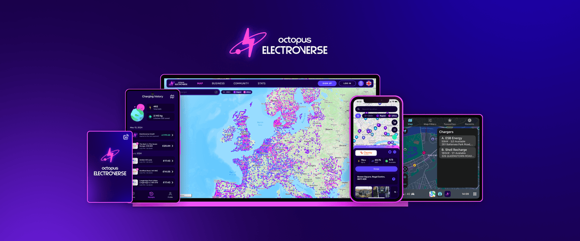 A digital display showcasing Octopus Electroverse on various devices, featuring a map of Europe with charging station locations.
