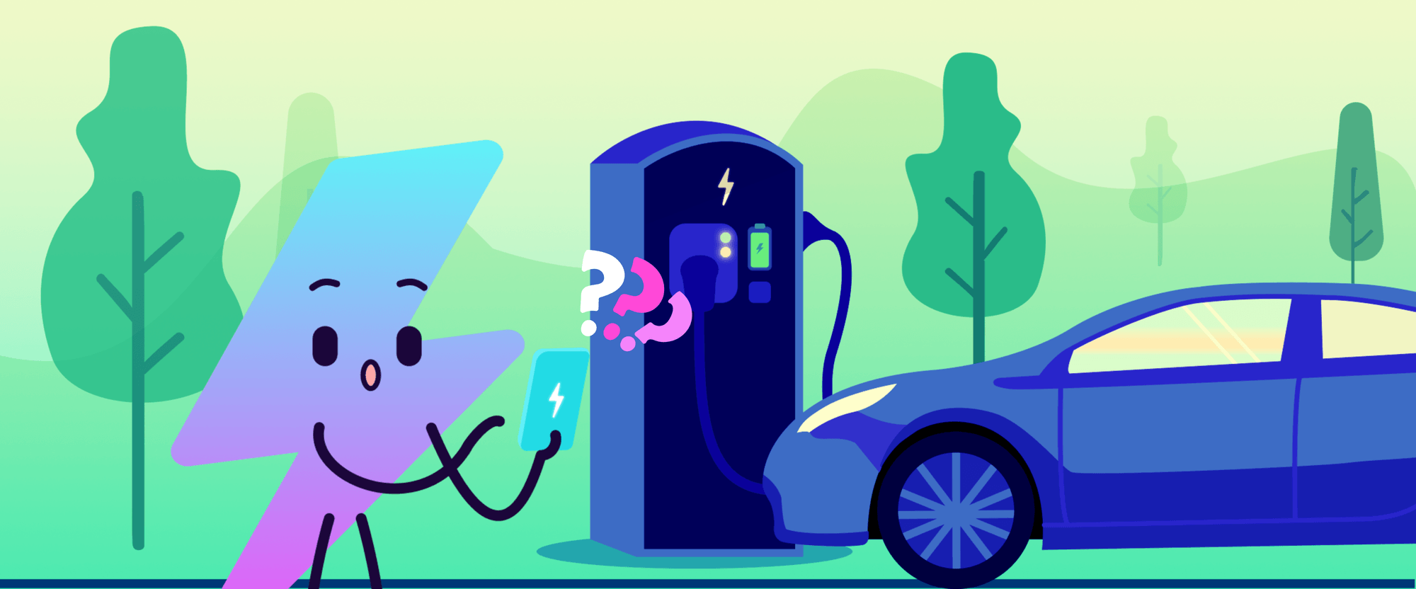 Illustration of a cartoon character using a smartphone at an electric car charging station, with a car plugged in, set against a green landscape.