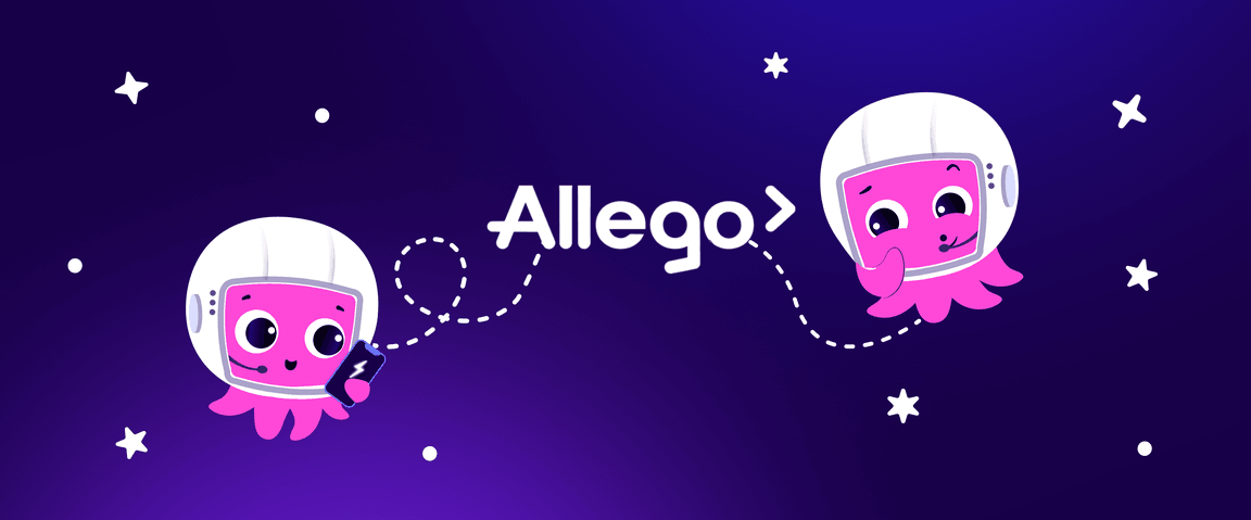 Two cute pink octopuses in helmets with Allego text, floating in space against a dark purple background with stars.