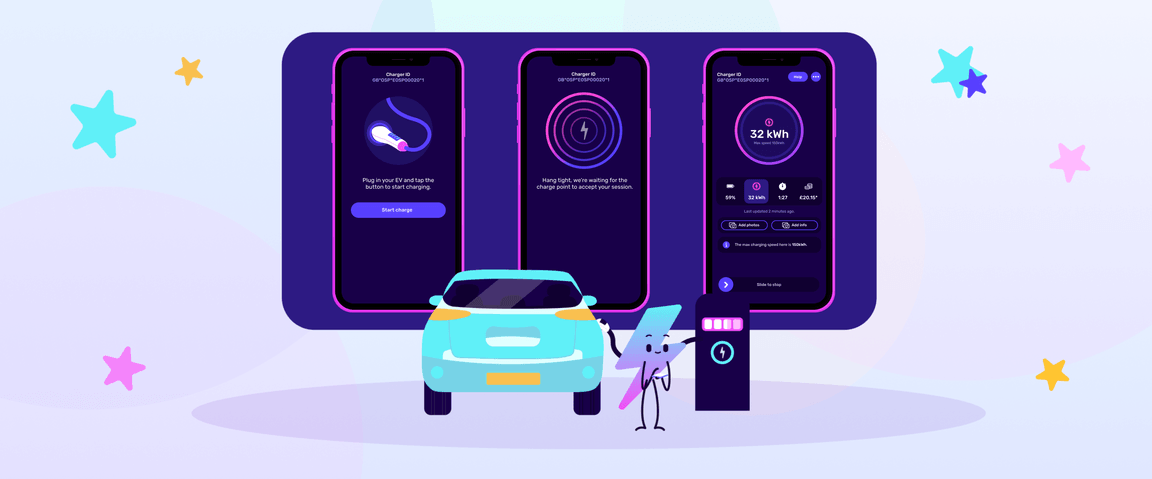 Illustration of a car charging interface on three smartphones, with a cartoon character interacting with a charging station, surrounded by stars.