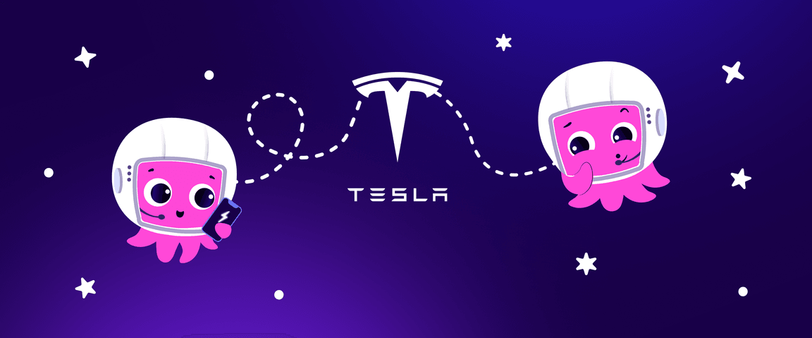 Two cute pink octopuses in astronaut helmets are connected by a line forming the Tesla logo, set against a starry purple background.