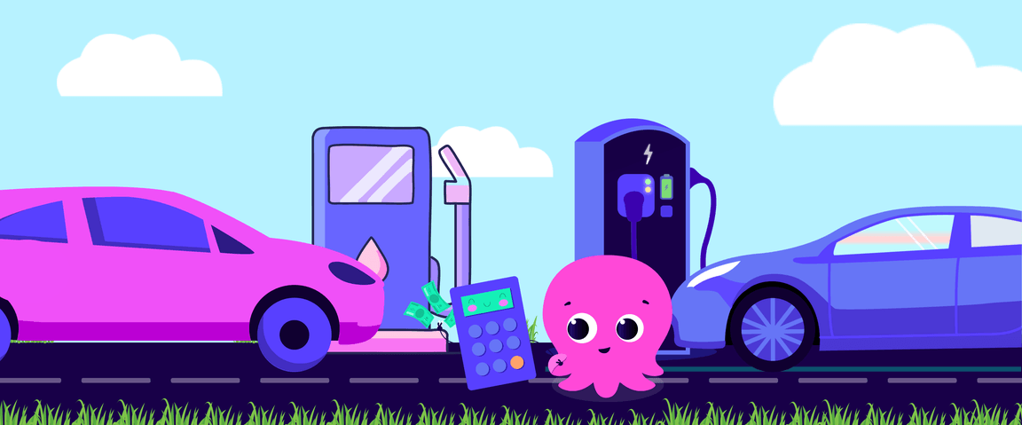 Pink octopus making cost comparison between a petrol or electric vehicle