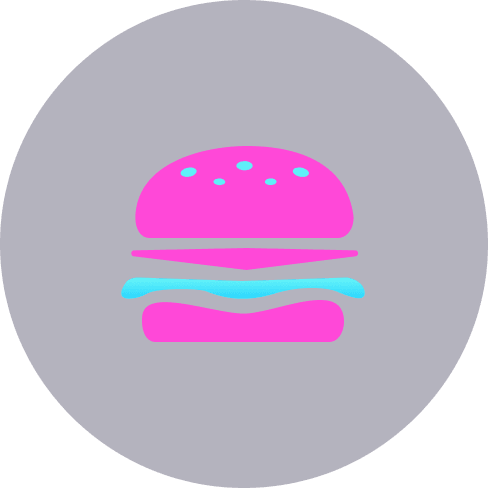 A stylized, neon pink and blue hamburger icon on a dark blue circular background.