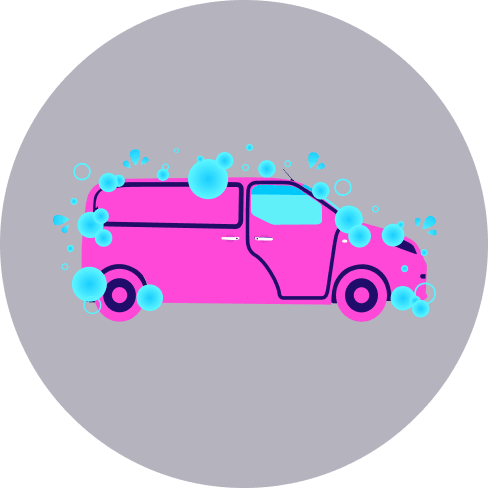 Illustration of a pink van covered in blue bubbles, suggesting a car wash, set against a dark circular background.